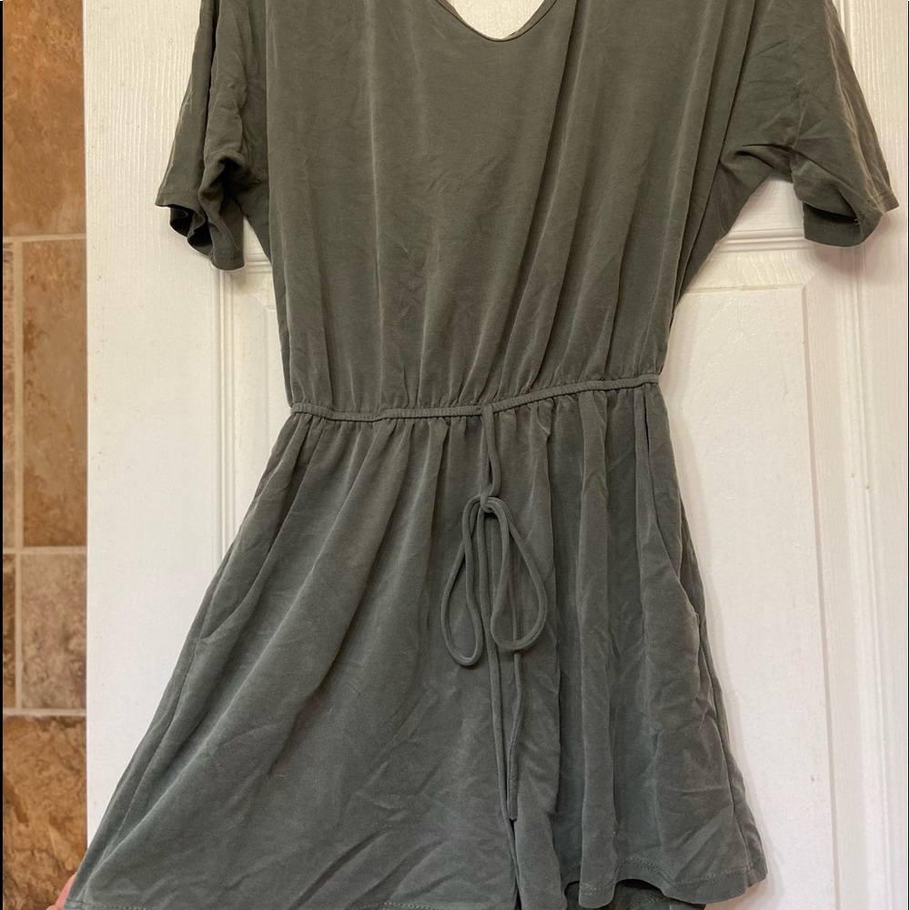 Womens super soft olive green shorts romper v neck with cheetah print bow